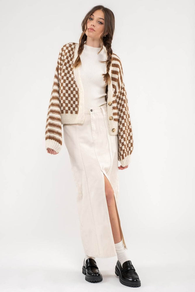 
                  
                    Load image into Gallery viewer, Striped and Checkered Cardigan - Brown
                  
                
