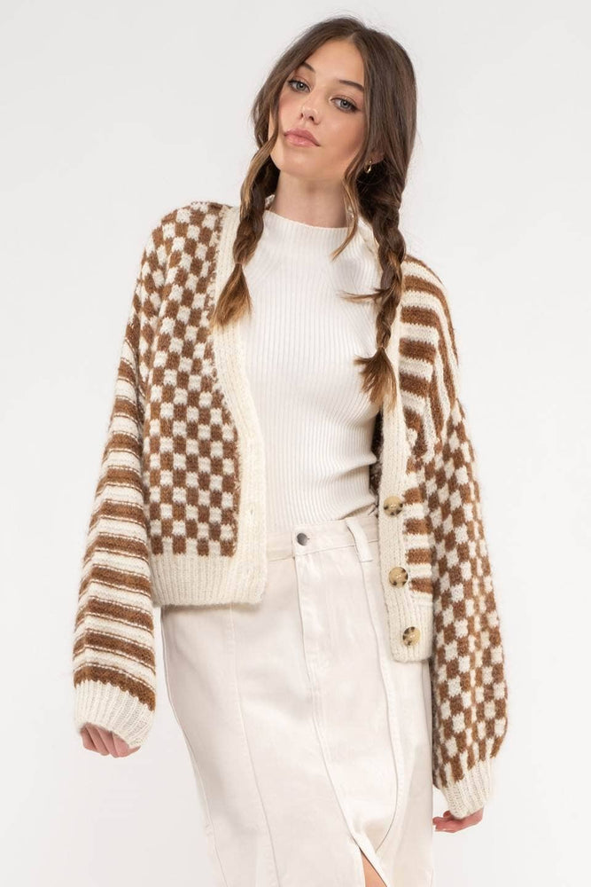 
                  
                    Load image into Gallery viewer, Striped and Checkered Cardigan - Brown
                  
                