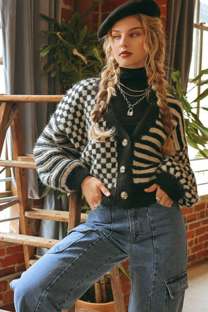 
                  
                    Load image into Gallery viewer, Striped and Checkered Cardigan - Black
                  
                