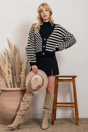 
                  
                    Load image into Gallery viewer, Striped and Checkered Cardigan - Black
                  
                
