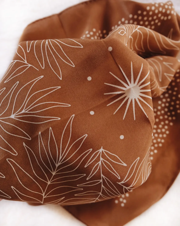 
                  
                    Load image into Gallery viewer, Tropical Palms Amber 100% Silk Bandana Scarf - Laura Makes
                  
                