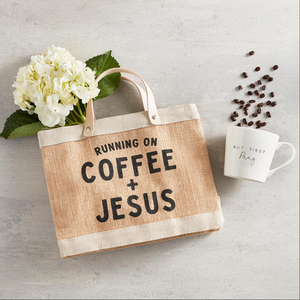 
                  
                    Load image into Gallery viewer, Running on Coffee + Jesus - Mini Market Tote
                  
                