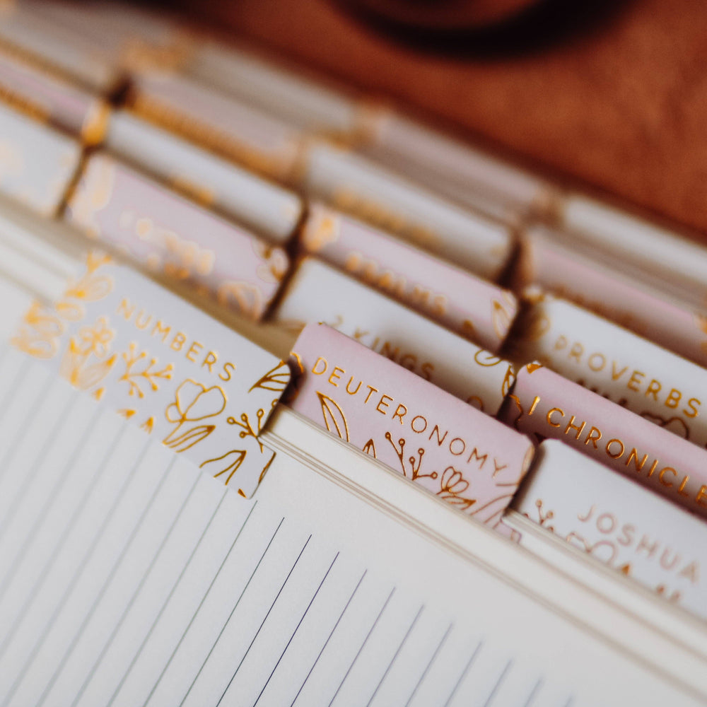 Gold Foil Bible Tabs on Dusty Pink